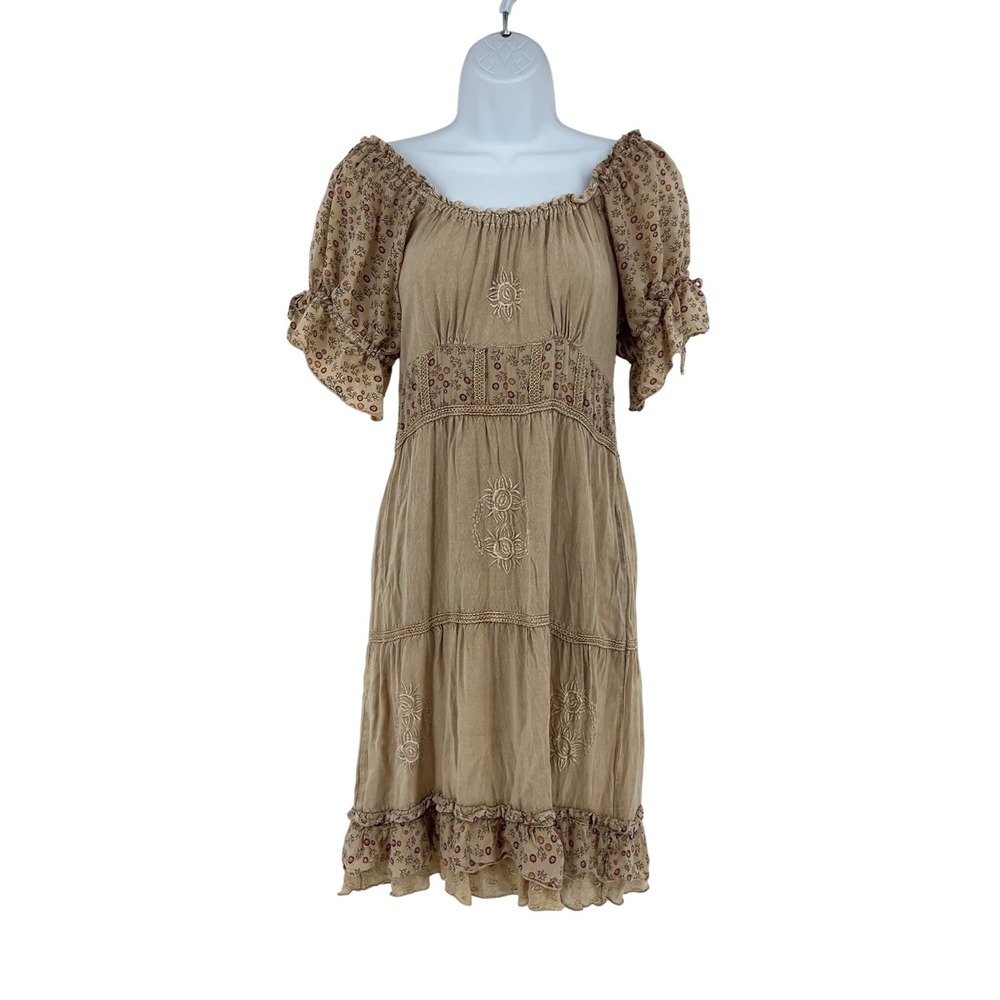 Sacred Threads Boho Embroidered Peasant Dress Puff Sleeve India Floral‎ Small